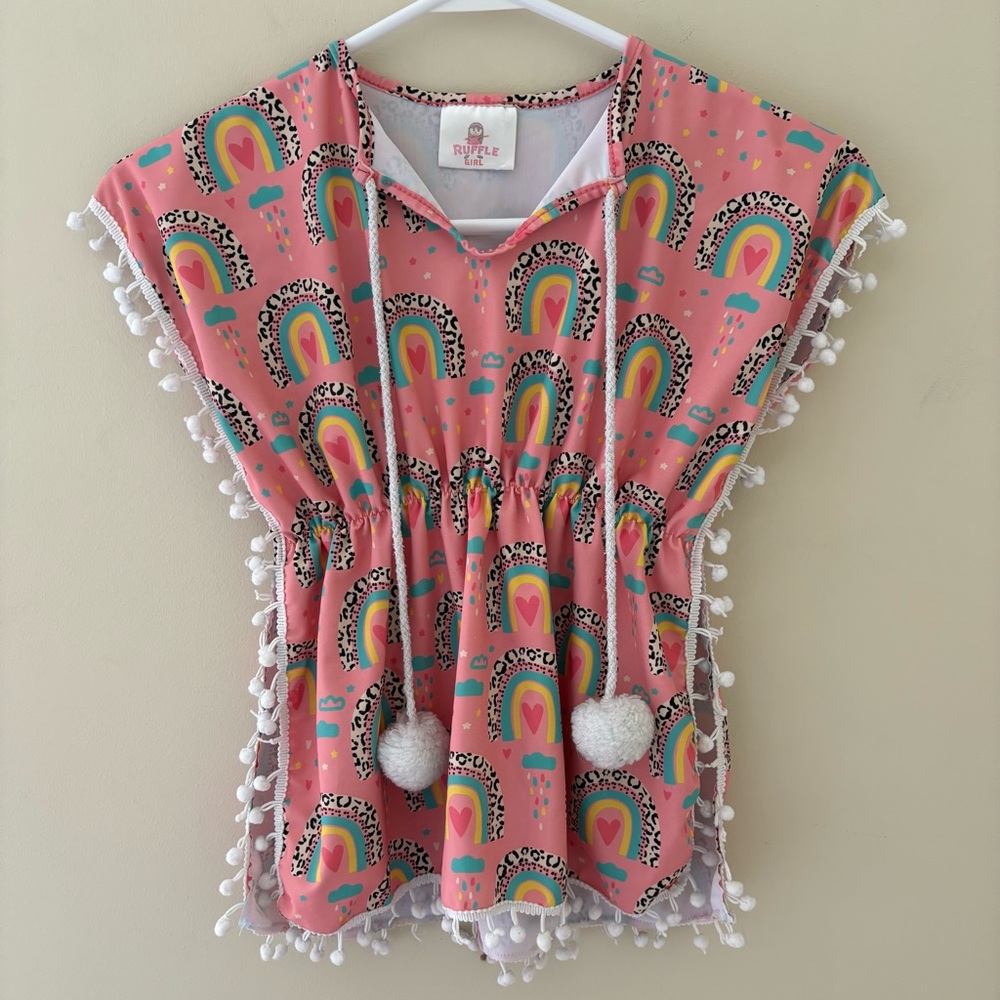 Pink Rainbow Swim Cover up with Pom Poms Ruffle Girl size 6-XL